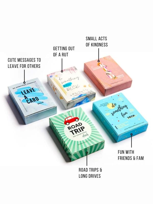 Five Do Something Decks of cards that include Do Something New Deck, Do Something Fun Deck, Do Something Kind Deck, Road Trip Deck, Leave A Card Deck